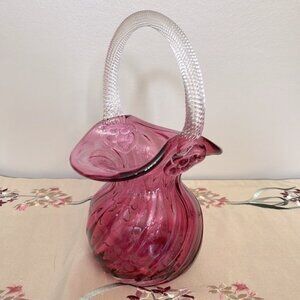 Cranberry Glass Handblown Decorative Basket with Clear Handle